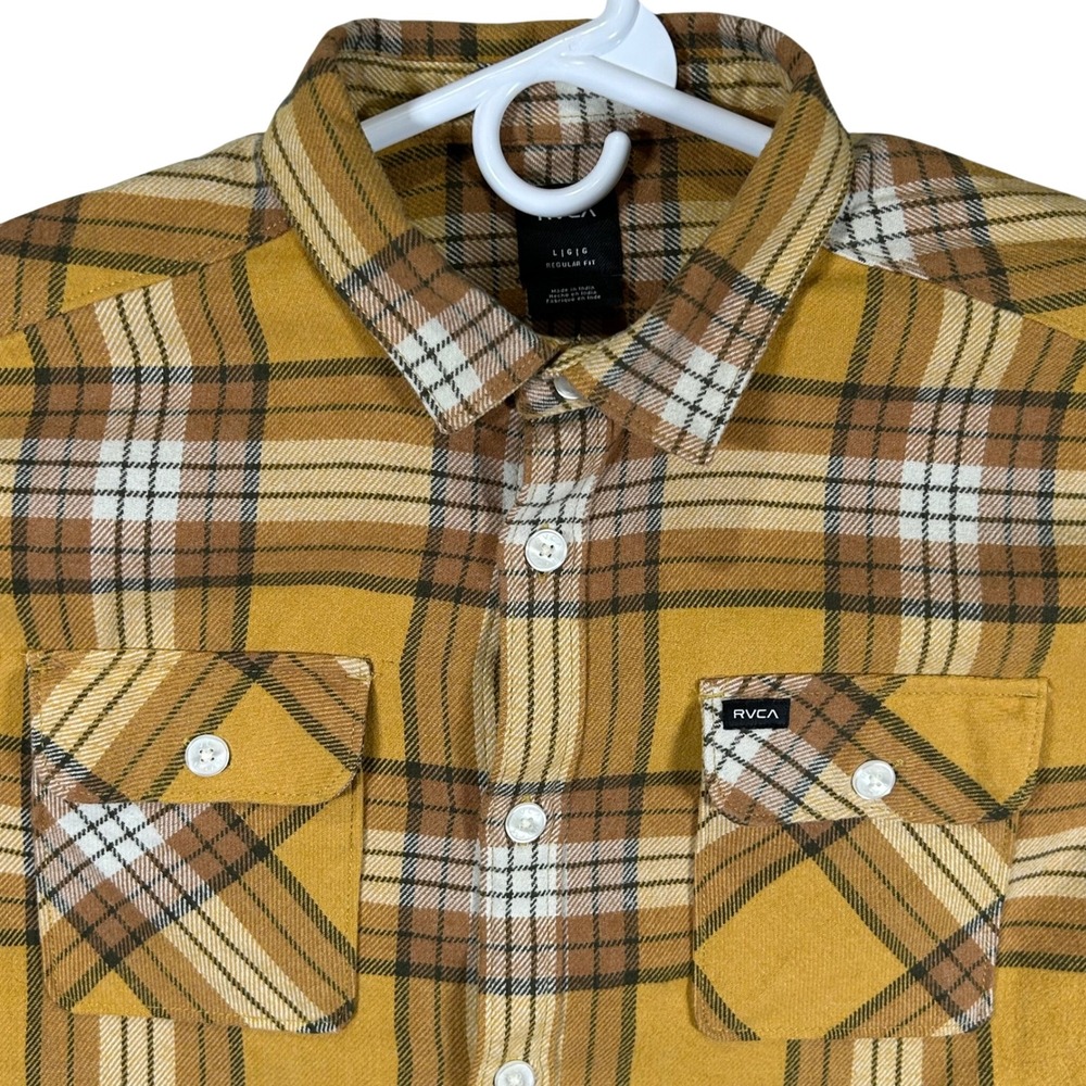RVCA Mens Plaid Flannel Shirt Large Yellow Brown Regular Fit Button Down